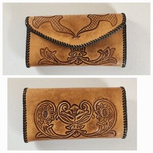 Vintage Tooled Brown Leather Billfold Wallet Womens Handmade 1970s Western Boho